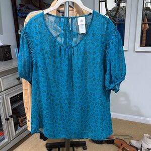 CAbi #4721 Panorama Top Teal Floral Women's Blouse